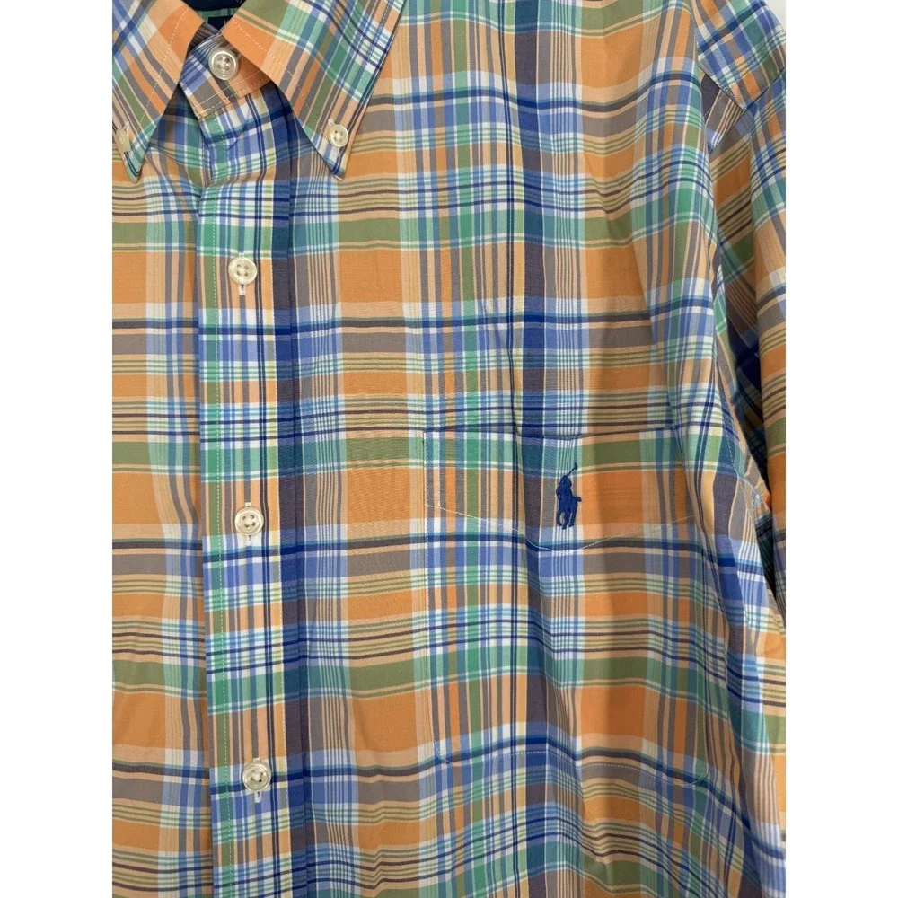 Polo Ralph Lauren Shirt Orange Blue Plaid Cotton Stretch Long Sleeve Button Down